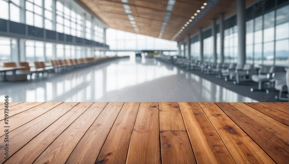 Blurred Airport on Empty Wooden Table Background, Wooden Table