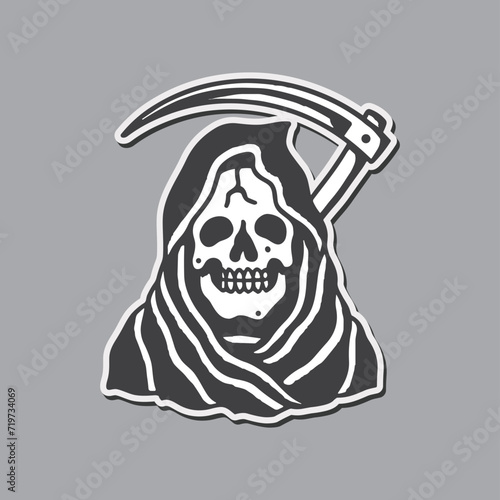 Old school, traditional tattoo style drawing grim reaper with scythe and blood drops on old paper background.