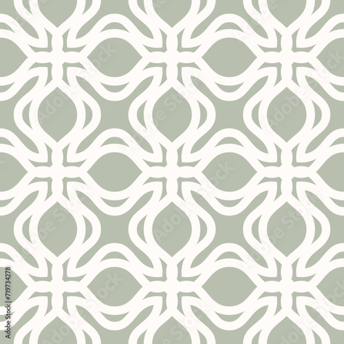 Vector ornamental seamless pattern. Elegant geometric texture with curved shapes, floral silhouettes, leaves, grid, lattice. Sage green color ornament. Simple vintage tileable background. Geo design