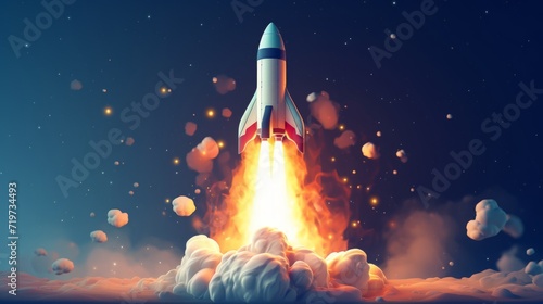 Powerful rocket is seen launching into the sky, surrounded by clouds. Startup concept