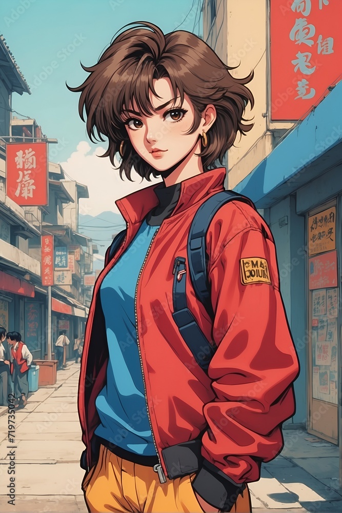 Fototapeta premium Woman in Red Jacket Standing on City Street. Generative AI.