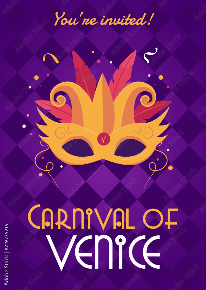 Carnival party invitation poster. Background with venetian mask and lettering. Vector illustration.