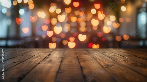 blurred lights in the shape of a heart on a wooden background