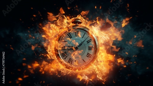 Clock on fire times burning end in fiery clock image Ai Generative