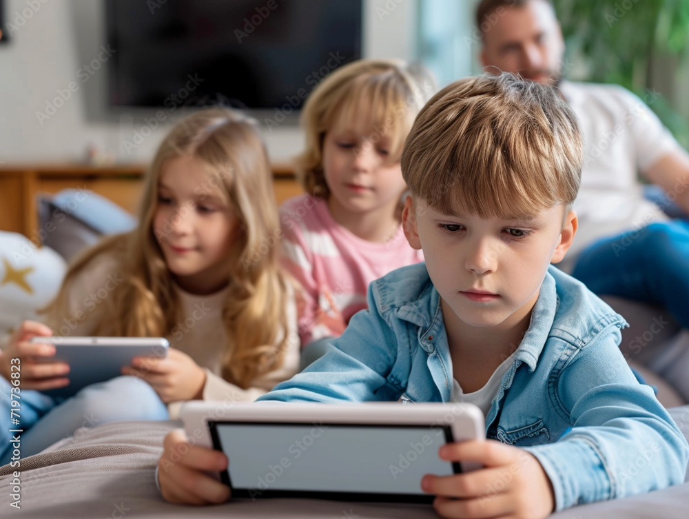 Children engrossed with digital tablets at home Children engrossed with digital tablets at home