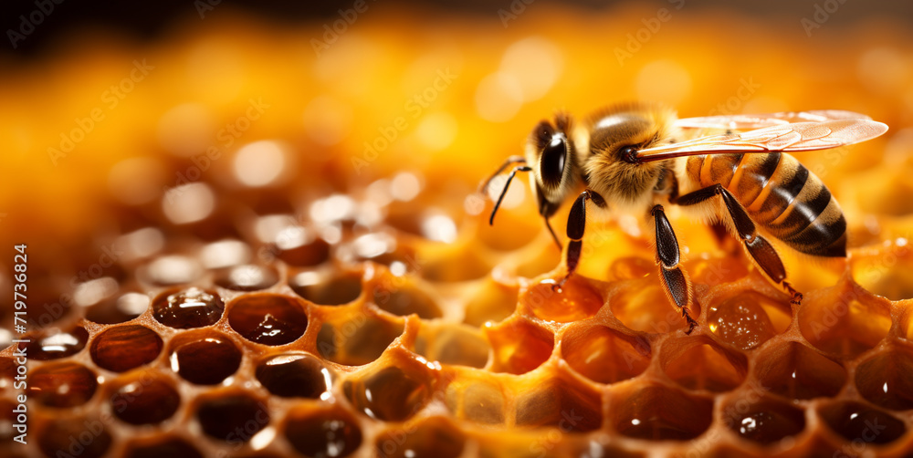 Close-up of bee on honeycomb - obrazy, fototapety, plakaty 
