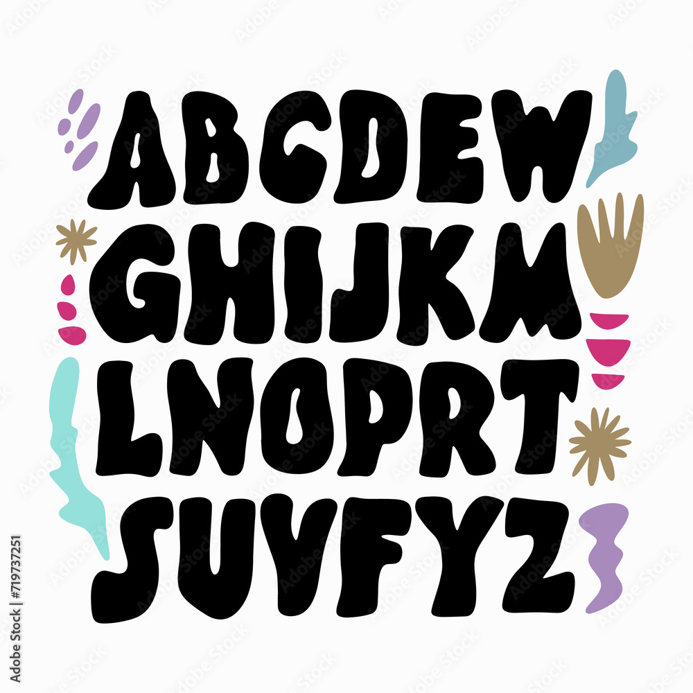Hippie bohemian groovy postmodern funky font alphabet 1960s boho psychedelic. Perfect for posters, collages, clothing, music albums and more. Vector clipart illustrations, isolated letters. Matisse