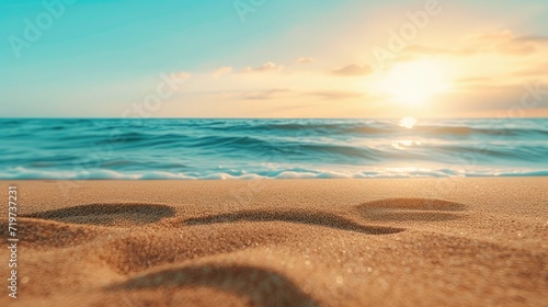 Closeup of sand on beach and blue summer sky. Panoramic beach landscape. Empty tropical beach and seascape. Orange and golden sunset sky, soft sand, calmness, tranquil relaxing sunlight, summer