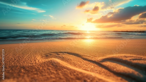 Closeup of sand on beach and blue summer sky. Panoramic beach landscape. Empty tropical beach and seascape. Orange and golden sunset sky  soft sand  calmness  tranquil relaxing sunlight  summer