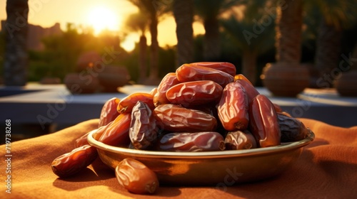 Dried date palm fruits on a bowl for ramadan food greetings. AI generated image