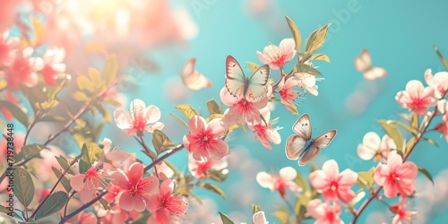 Spring background with close-up colorful butterflies fluttering around pink and white blossoming branches, joyful and lively © mikeosphoto