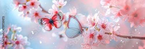 Close-up colorful butterflies fluttering around pink and white blossoming branches with dew water drops on flowers  spring background