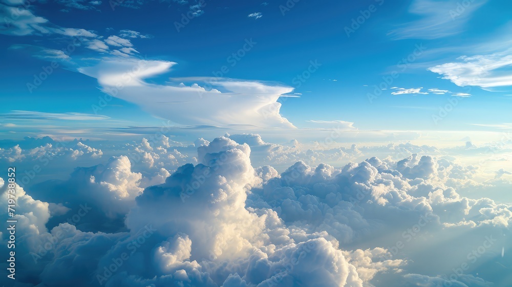 High nature view large white clouds on soft sky background in the morning, View of white cloudy on the plane. High nature view large white clouds on soft sky background in the morning, View of white cloudy on the plane.