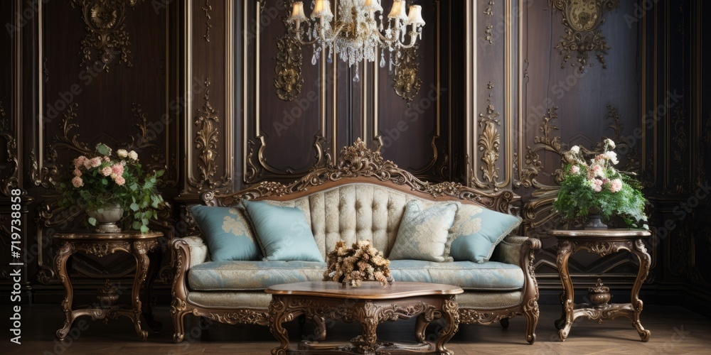 Obraz premium Elegant antique baroque furniture in a cozy living room.