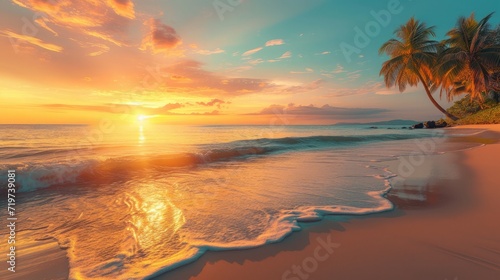 Island palm tree sea sand beach. Panoramic beach landscape. Inspire tropical beach seascape horizon. Orange and golden sunset sky calmness tranquil relaxing summer mood
