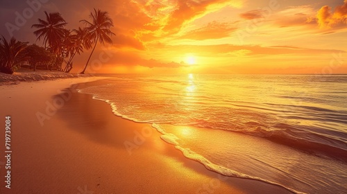 Fototapeta Naklejka Na Ścianę i Meble -  Island palm tree sea sand beach. Panoramic beach landscape. Inspire tropical beach seascape horizon. Orange and golden sunset sky calmness tranquil relaxing summer mood