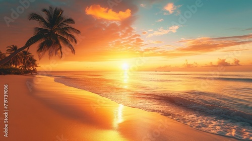 Island palm tree sea sand beach. Panoramic beach landscape. Inspire tropical beach seascape horizon. Orange and golden sunset sky calmness tranquil relaxing summer mood