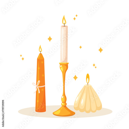 Vector illustration with different cozy flaming candles.
