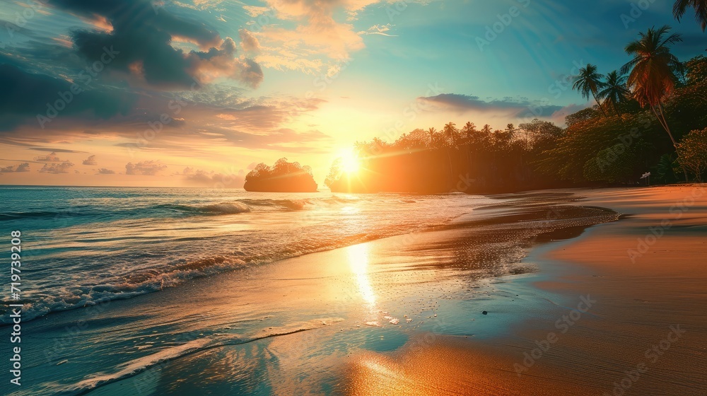 Landscape of paradise tropical island beach, sunrise shot - obrazy, fototapety, plakaty 