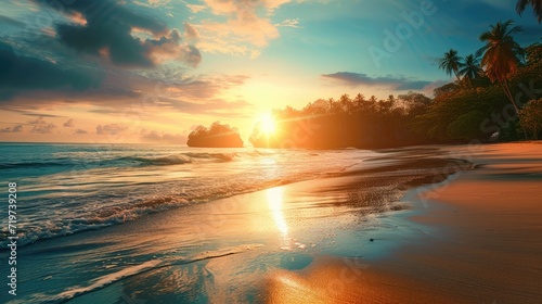 Landscape of paradise tropical island beach, sunrise shot