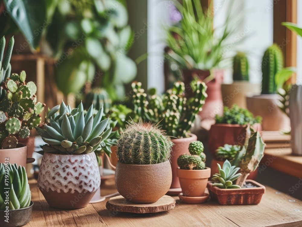 Modern composition of home garden filled a lot of beautiful plants, cacti, succulents, air plant in different design pots. Stylish botany interior. . Home gardening concept. Modern composition of home garden filled a lot of beautiful plants, cacti, succulents, air plant in different design pots. Stylish botany interior. . Home gardening concept.