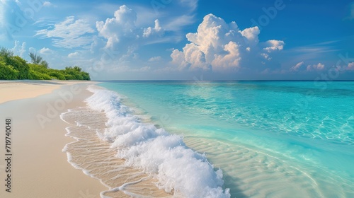 Panorama of a beautiful white sand beach and turquoise water in Maldives. Holiday summer beach background.. Wave of the sea on the sand beach. © buraratn