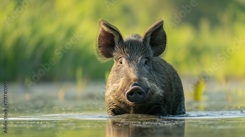 Wild boar in grass in water