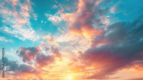 Real amazing panoramic sunrise or sunset sky with gentle colorful clouds. Long panorama © buraratn