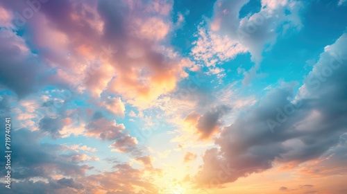 Real amazing panoramic sunrise or sunset sky with gentle colorful clouds. Long panorama