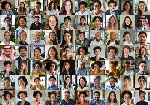 Team of diverse people coworkers in an international corporation. Grid of webcam faces