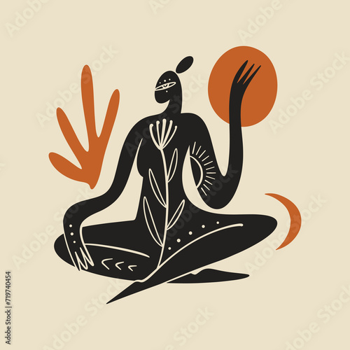Sacred woman in Matisse style, meditating magic Reiki silhouette drawing, Bali moon wild young girl moon child.