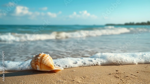 Shell on beach and landscape of sea with sky.
