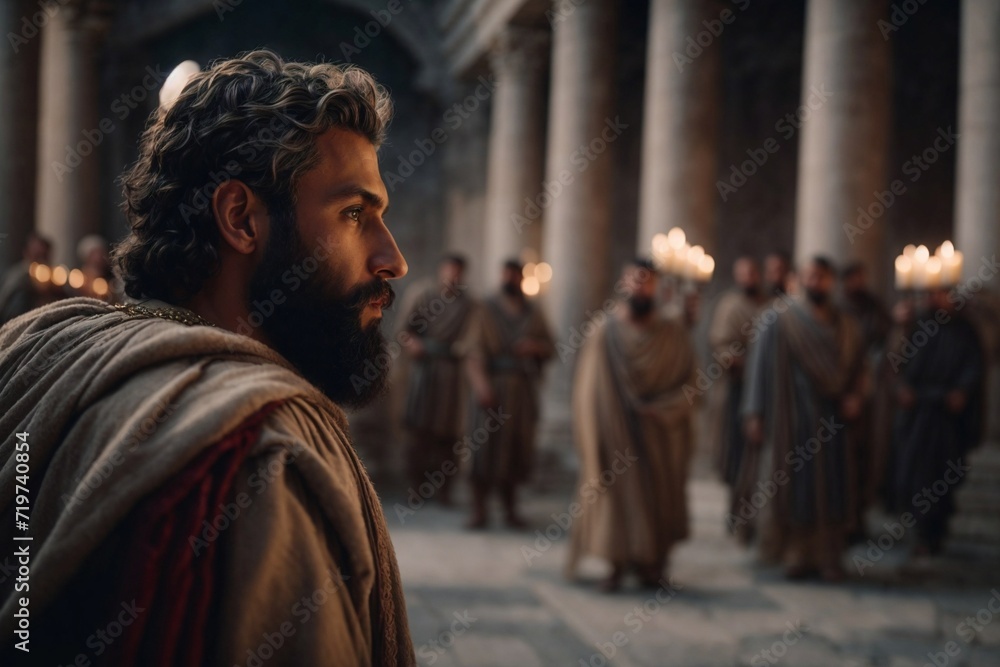 Naklejka premium Man Standing in Front of a Crowd of People at a Political Rally. Generative AI.