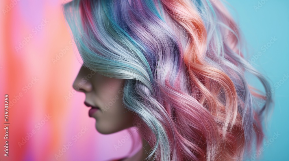 Side profile of a person with multi-colored hair against a gradient Side profile of a person with multi-colored hair against a gradient
