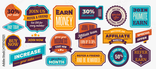 Referral or affiliate program stickers set. Badges with special offers, discounts and sales. Refer friends, grow your business, earn money. Cartoon flat vector collection isolated on white background