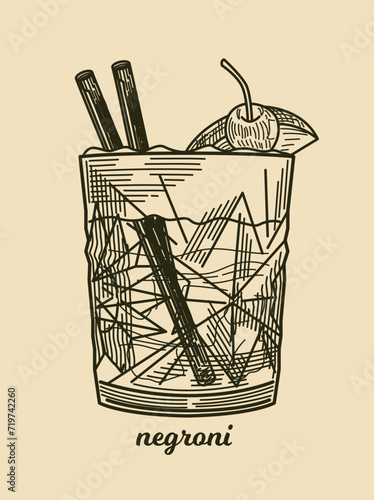 Hand drawn alcoholic cocktail. Refreshing summer aperitif with vermouth and gin. Vintage sketch with glass of Negroni. Retro poster for bar. Linear flat vector illustration isolated on background