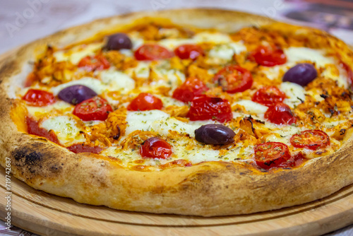 Traditional Brazilian chicken pizza with catupiry cheese  long-aged dough baked on a stone