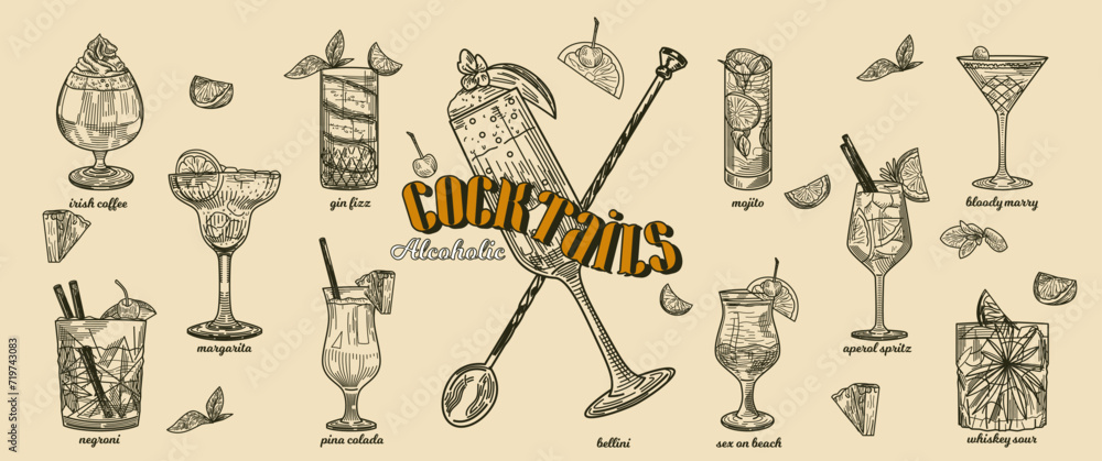 Obraz premium Set of hand drawn alcoholic cocktails. Pina Colada, Bloody Mary, Irish coffee, Aperol, Mojito, Margarita and Bellini. Vintage style sketches. Linear flat vector illustration isolated on background