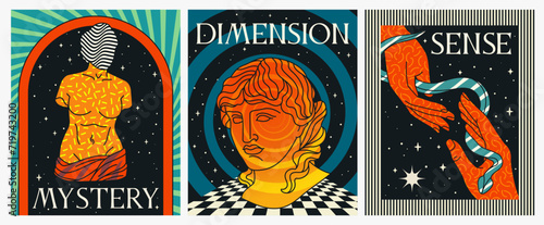 Set of psychedelic acid posters with ancient sculptures. Space abstract covers with Greek statues. Design elements for printing on T shirts. Cartoon flat vector collection isolated on white background