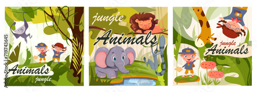 Jungle Animals Posters Set. Adorable children explore savannah and wild life of Africa. Covers with giraffe, elephant, lion and monkey. Cartoon flat vector illustration isolated on white background