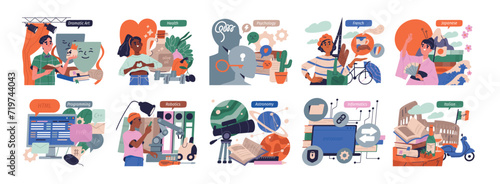 Big set of educational class. Happy students studying school subject. Knowledge and learning. Programming, psychology, health, astronomy. Cartoon flat vector illustrations isolated on white background