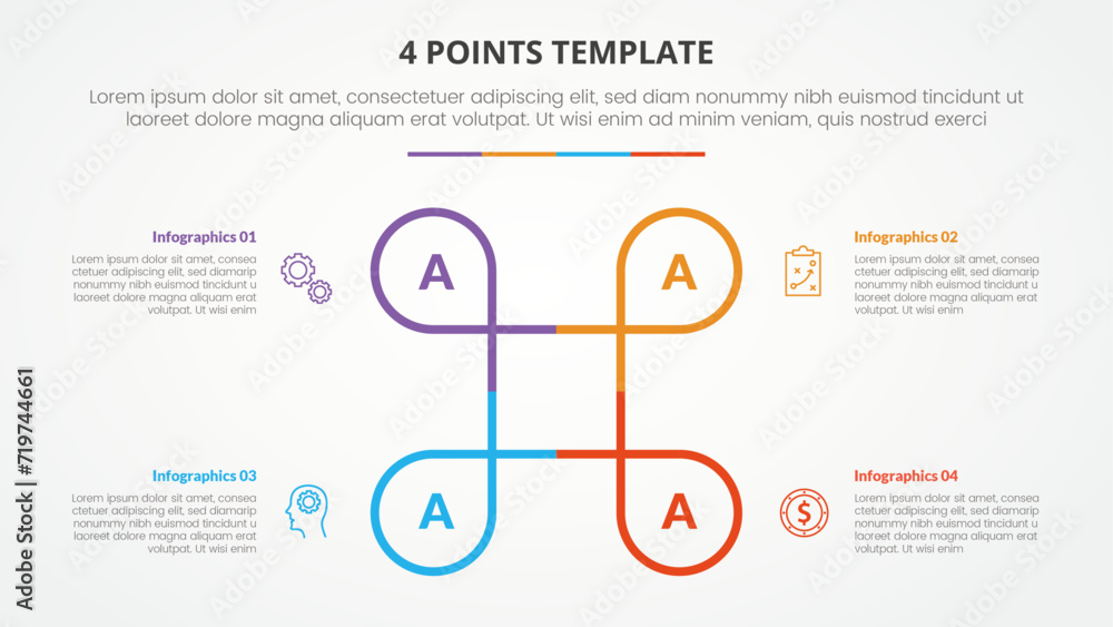 4 points stage list template infographic concept for slide presentation with creative circle line circular cycle with flat style - obrazy, fototapety, plakaty 