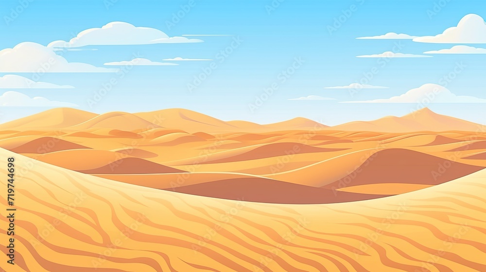 cartoon illustration Sahara Desert, Endless sand dunes and nomadic culture. 