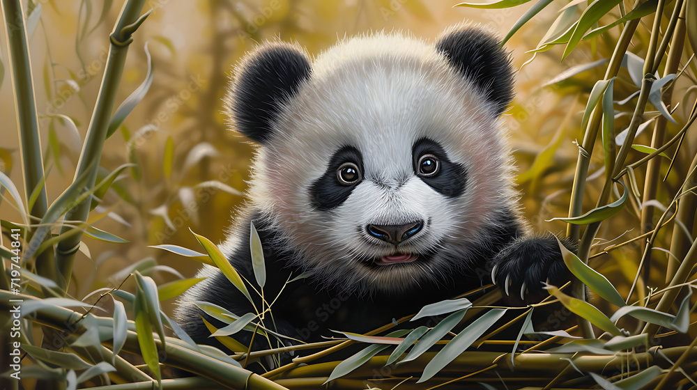 An adorable panda bear cub nestled among bamboo shoots An adorable panda bear cub nestled among bamboo shoots
