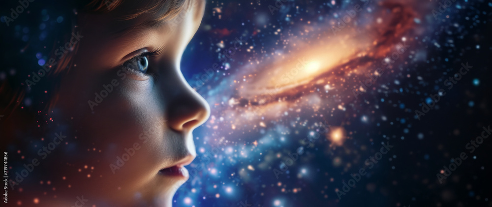 Close-up of a child looking at the galaxy, side view. Children's dreams of conquering space. Children's Day concept. Close-up of a child looking at the galaxy, side view. Children's dreams of conquering space. Children's Day concept.