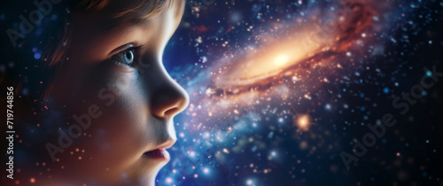Close-up of a child looking at the galaxy, side view. Children's dreams of conquering space. Children's Day concept.