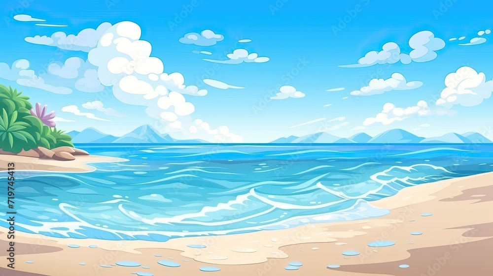 cartoon illustration Seaside landscape, nature vacation, ocean or sea seashore.