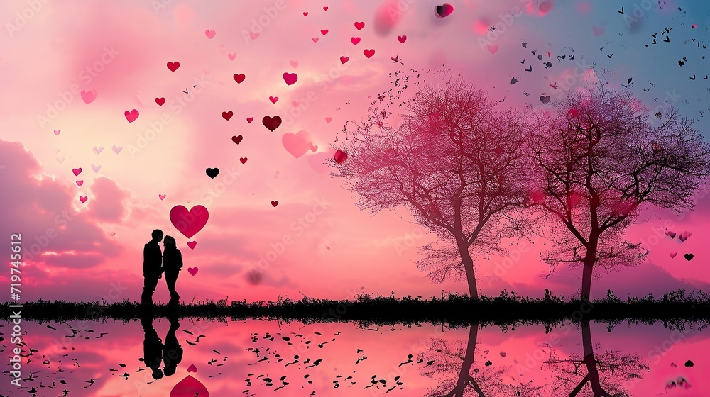 romantic pink valentine's day wallpaper background,romantic couple silhouette,valentine's day concept