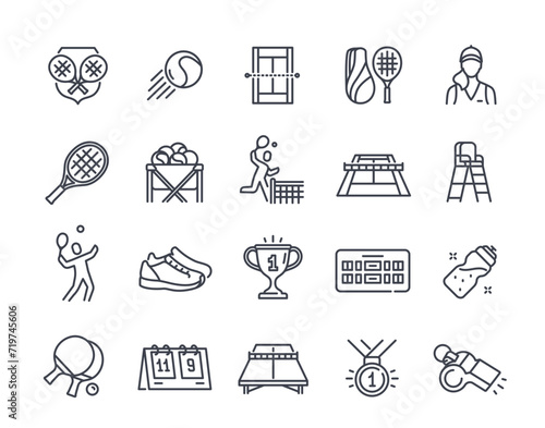 Set of line tennis related icons. Tennis player, racket, court, tennis ball and trophy. Professional sports. Design element for app or logo. Outline flat vector collection isolated on white background