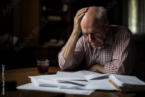 concerned senior citizen retired man looking at bills and tax paperwork for financial difficulty concept